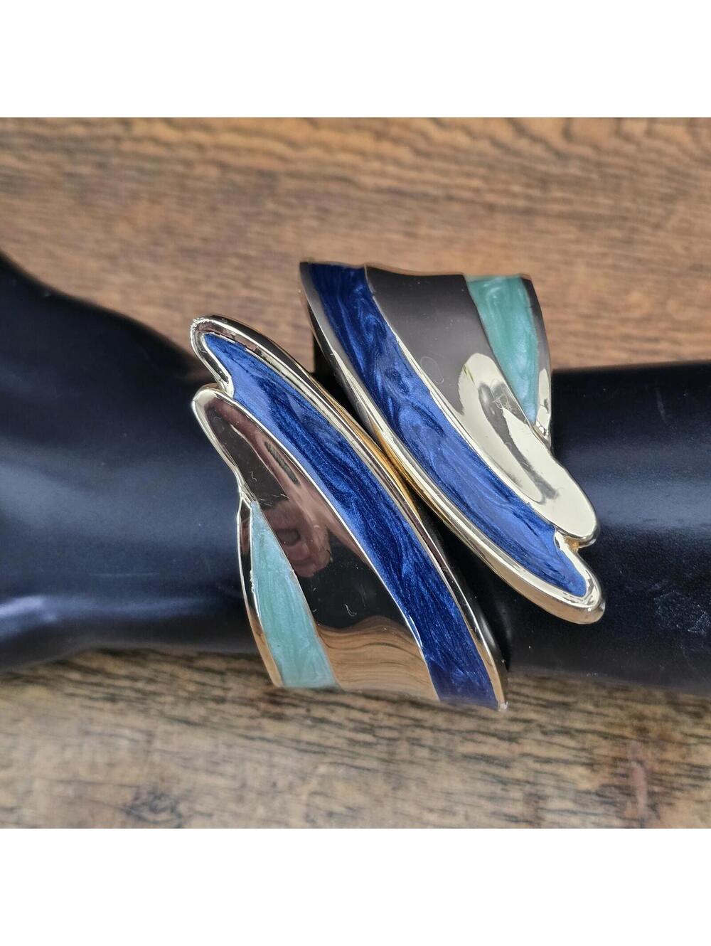 Vtg Enamel Cuff Bracelet Gold Tone with Blue and Green Enamel Inlays